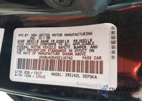 2009 Toyota Corolla S z USA, uszkodzony, nr VIN 1NXBU40EX9Z119742